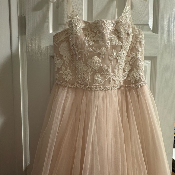 David´s Bridal Blush Dress with Floral Lace